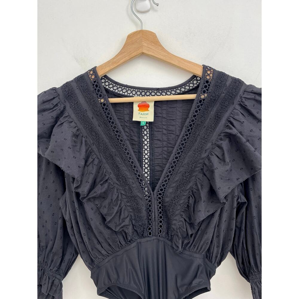 Farm Rio Plunge V-Neck Ruffle Lace Boho Romantic Swiss Dot Bodysuit - Small - Picture 8 of 16